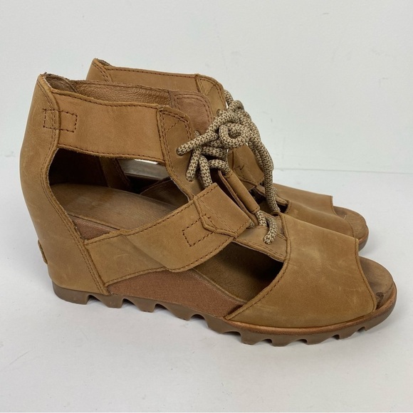 Sorel Joanie brown leather open toe sandal wedges - Picture 1 of 6